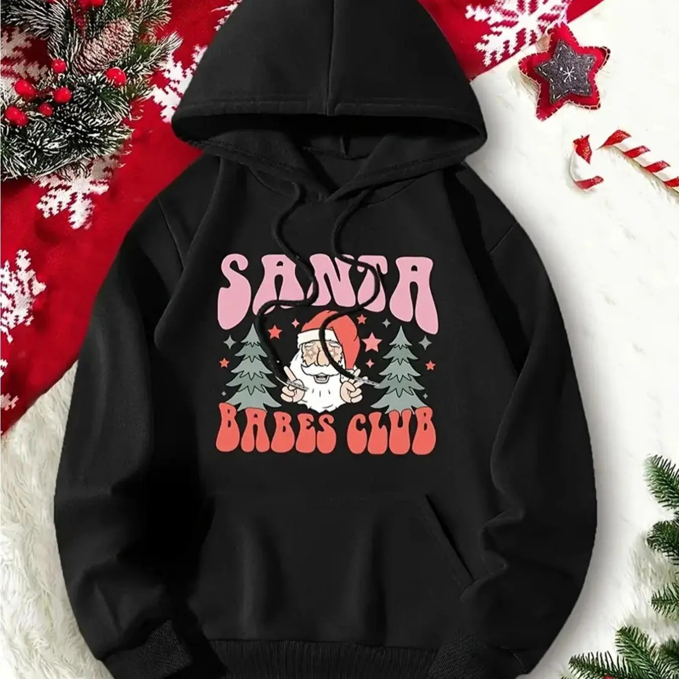 Women's Christmas Themed Hoodie, Casual Santa Claus Print Drawstring Pocket Hooded Sweatshirt For Fall & Winter, Women's...