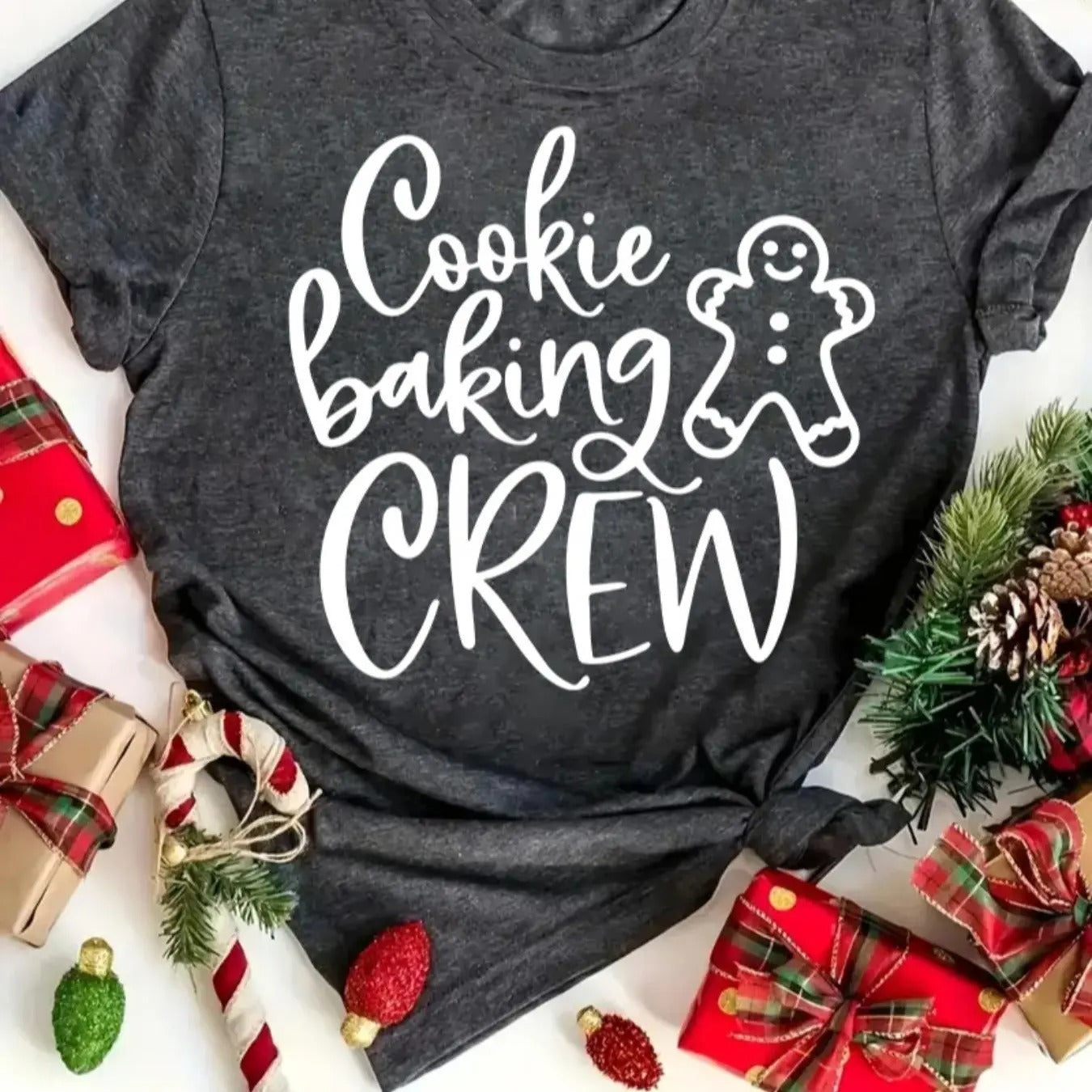 Women's Christmas Themed Letter & Gingerbread Man Print Round Neck Tee, Casual Short Sleeve Crew Neck T-Shirt for Daily...
