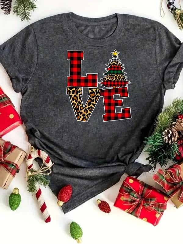Women's Christmas Themed Letter & Tree Print Round Neck Tee, Casual Short Sleeve Crew Neck T-shirt for Daily Holiday...