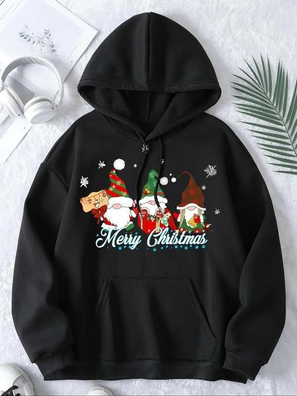 Women's Christmas Themed Letter Print Drawstring Pocket Hoodie, Casual Drop Shoulder Long Sleeve Hooded Sweatshirt,...