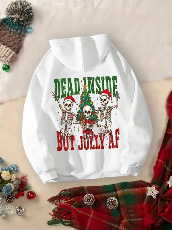 Women's Christmas Themed Letter Print Drawstring Pocket Hoodie, Casual Drop Shoulder Long Sleeve Hooded Sweatshirt,...