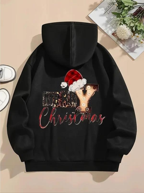 Women's Christmas Themed Letter Print Drop Shoulder Hoodie, Fashion Casual Drawstring Pocket Hooded Sweatshirt for Daily...