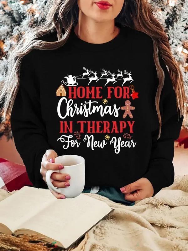 Women's Christmas Themed Letter Print Drop Shoulder Sweatshirt, Casual Long Sleeve Round Neck Pullover for Fall & Winter,...