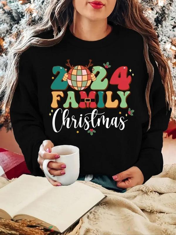 Women's Christmas Themed Letter Print Drop Shoulder Sweatshirt, Casual Long Sleeve Round Neck Pullover for Fall & Winter,...