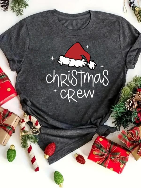 Women's Christmas Themed Letter Print Round Neck Graphic Tee, Casual Short Sleeve T-shirt for Daily Wear, Ladies Clothes...