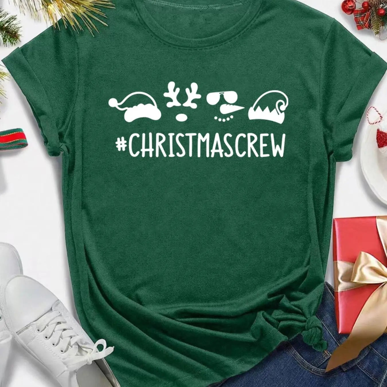 Women's Christmas Themed Letter Print Round Neck Tee, Casual Short Sleeve Crew Neck T-Shirt for Summer, Fashion Women's...
