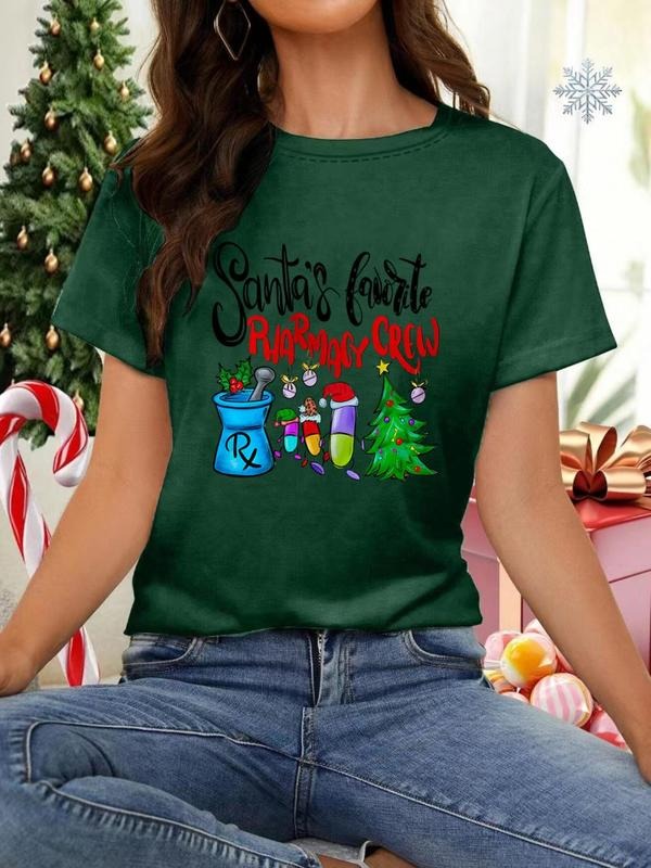 Women's Christmas Themed Letter Print Round Neck Tee, Casual Short Sleeve Crew Neck T-shirt for Daily Holiday Vacation...