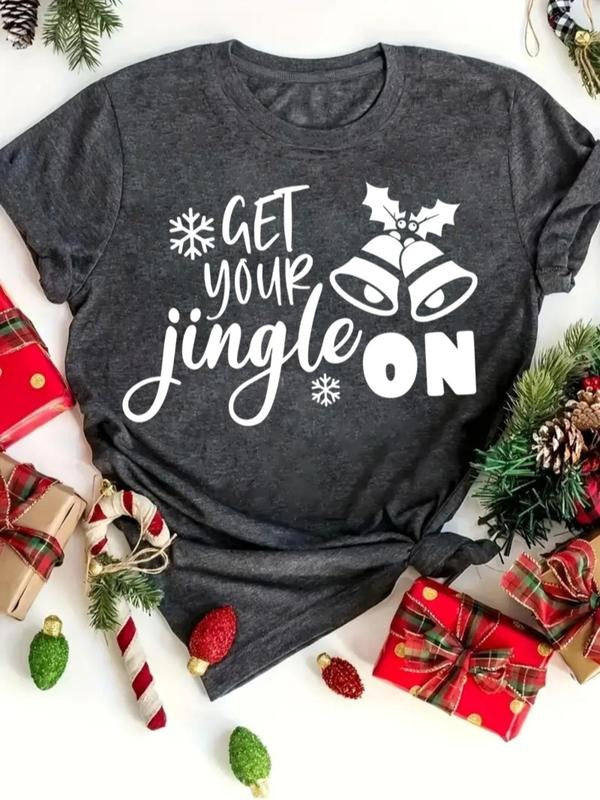 Women's Christmas Themed Letter Print Round Neck Tee, Casual Short Sleeve Crew Neck T-shirt for Daily Holiday Vacation...