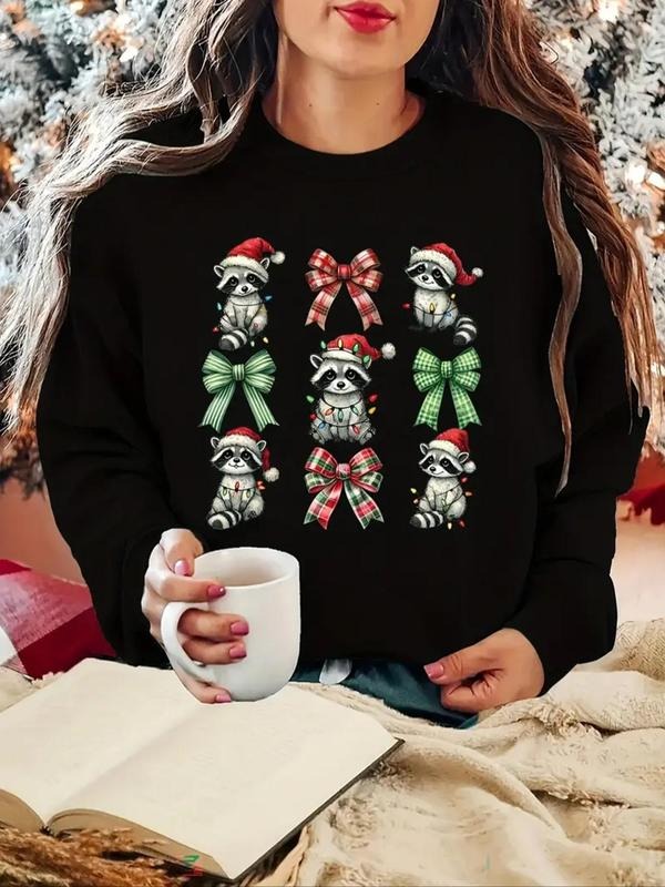 Women's Christmas Themed Raccoon Print Crew Neck Pullover, Casual Long Sleeve Sweatshirt for Daily Wear, Ladies Clothes...