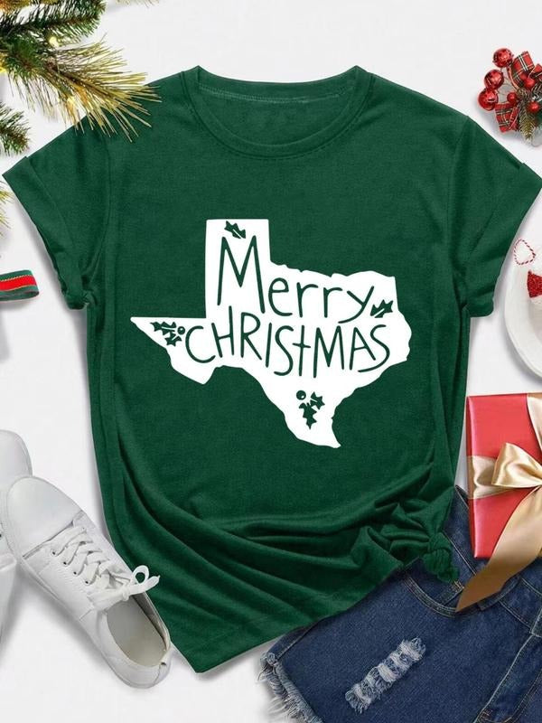 Women's Christmas Themed Round Neck Graphic Tee, Casual Short Sleeve Crew Neck T-shirt for Summer, Fashion Women's Top...