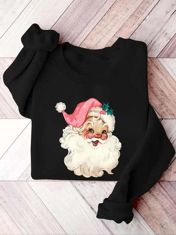 Women's Christmas Themed Santa Claus Print Round Neck Pullover, Casual Long Sleeve Crew Neck Sweatshirt for Fall &...
