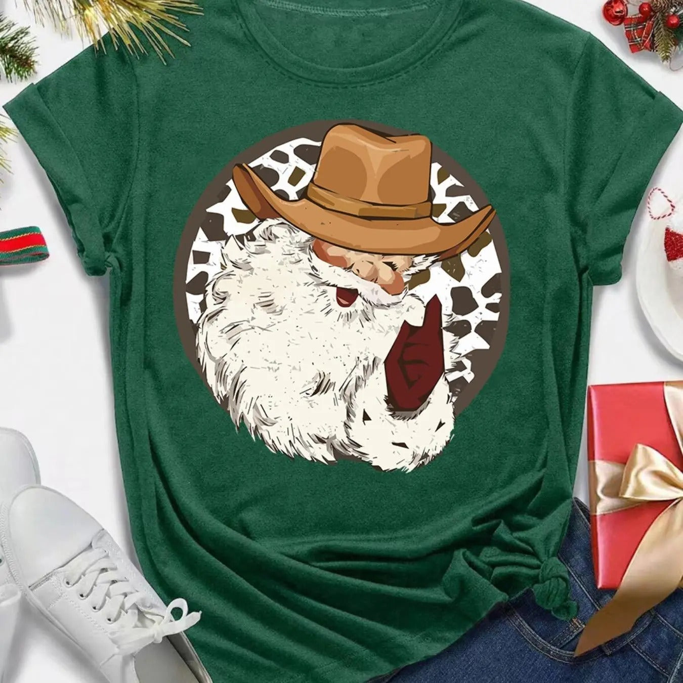 Women's Christmas Themed Santa Claus Print Round Neck Tee, Casual Short Sleeve Crew Neck T-Shirt for Daily Holiday...