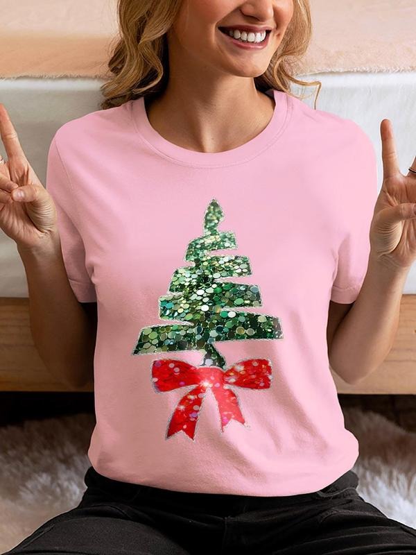 Women's Christmas Tree & Bow Pattern Round Neck Tee, Casual Short Sleeve Crew Neck T-shirt for All Seasons, Fashion...