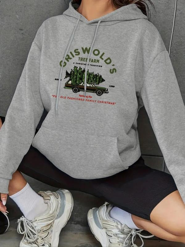 Women's Christmas Tree & Car & Letter Print Drop Shoulder Hoodie, Fashion Casual Drawstring Pocket Hooded Sweatshirt for...