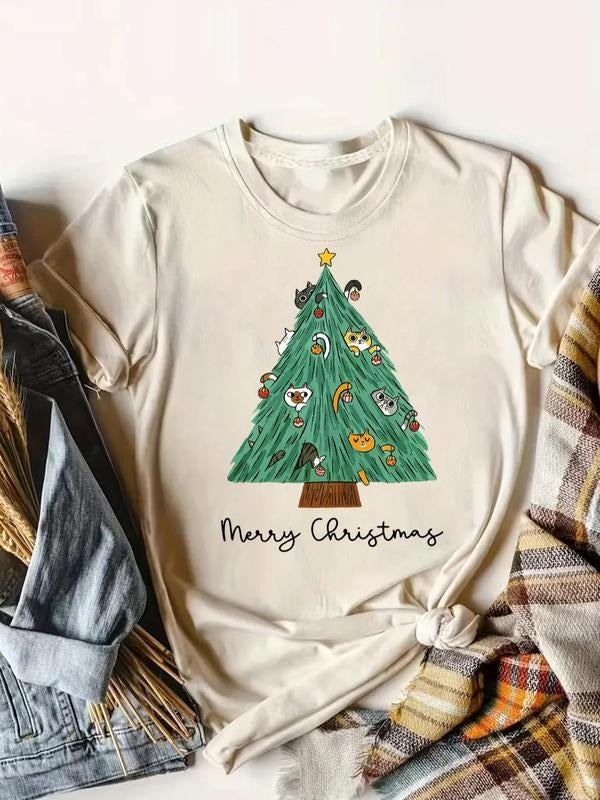 Women's Christmas Tree & Cat Print Round Neck Tee, Casual Merry Christmas Graphic Long Sleeve T-Shirt for Daily Wear,...