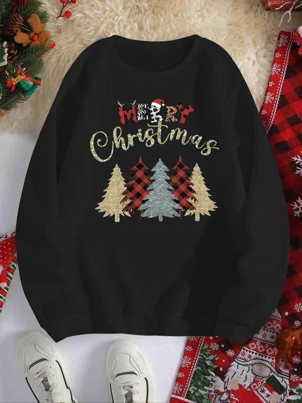 Women's Christmas Tree & Letter Print Crew Neck Sweatshirt, Casual Long Sleeve Pullover for Daily Wear, Ladies Clothes...
