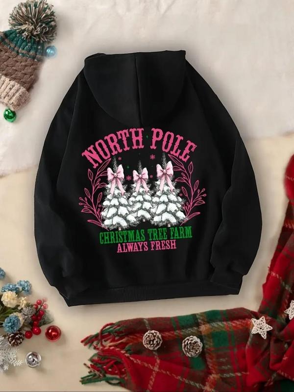 Women's Christmas Tree & Letter Print Drawstring Pocket Hoodie, Casual Comfy Pullover Hooded Sweatshirt for Daily Wear,...