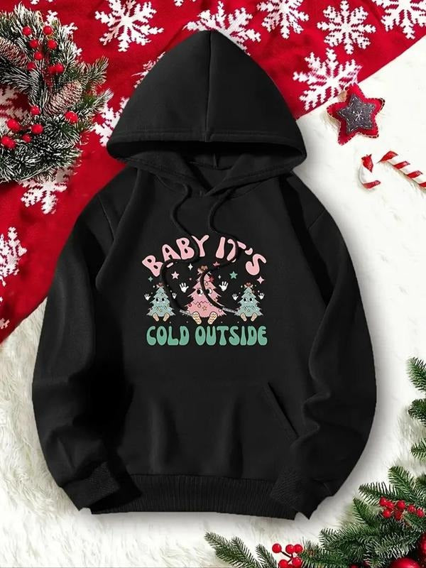 Women's Christmas Tree & Letter Print Drop Shoulder Hoodie, Fashion Casual Drawstring Pocket Hooded Sweatshirt for Daily...