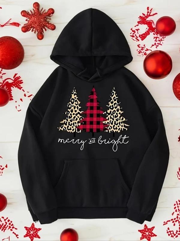 Women's Christmas Tree & Letter Print Drop Shoulder Hoodie, Fashion Casual Drawstring Pocket Hooded Sweatshirt for Daily...