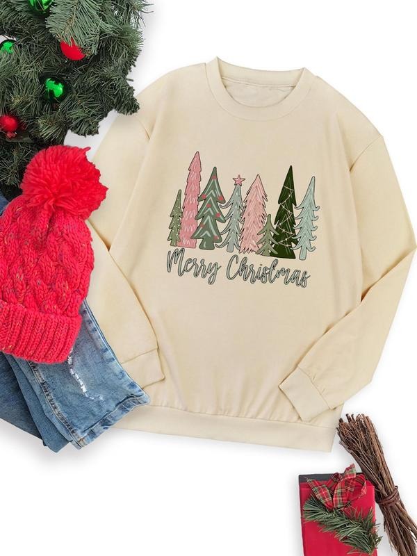 Women's Christmas Tree & Letter Print Drop Shoulder Sweatshirt, Casual Long Sleeve Round Neck Pullover for Fall & Winter,...