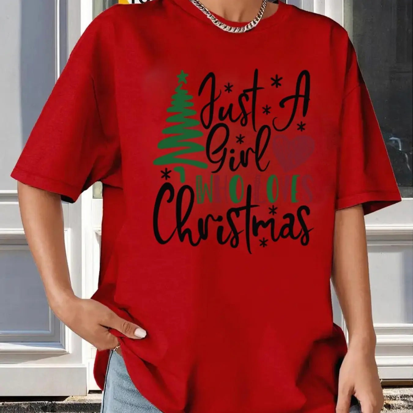 Women's Christmas Tree & Letter Print Drop Shoulder Tee, Casual Half Sleeve Round Neck T-shirt for Summer, Women's Top...