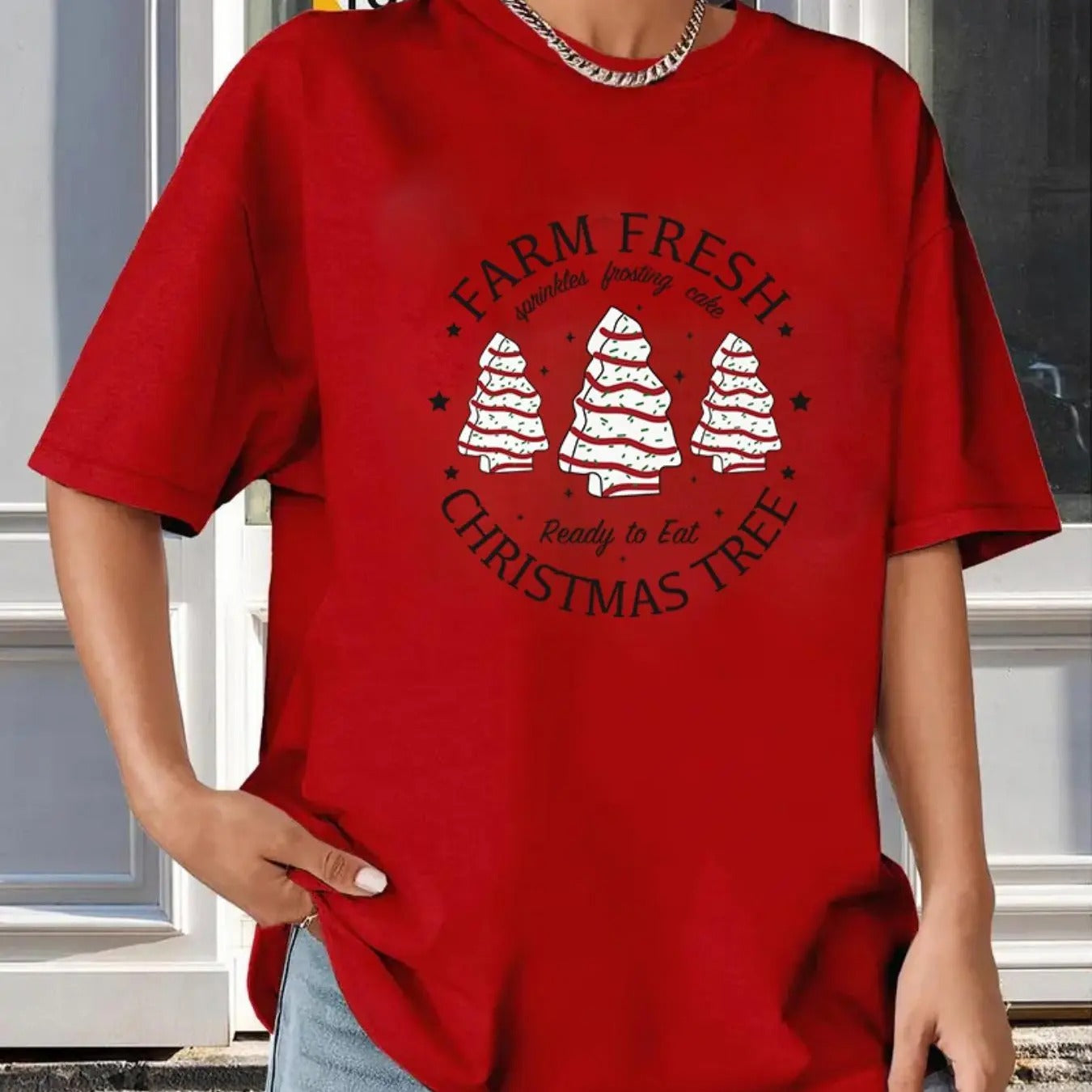 Women's Christmas Tree & Letter Print Drop Shoulder Tee, Casual Short Sleeve Round Neck T-shirt for All Seasons, Women's...