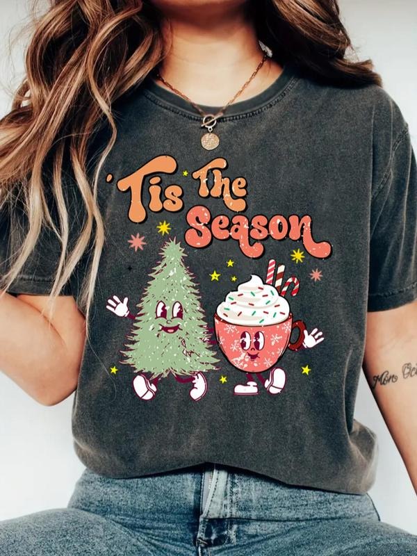 Women's Christmas Tree & Letter Print Round Neck Graphic Tee, Casual Short Sleeve T-shirt for Daily Wear, Ladies Clothes...