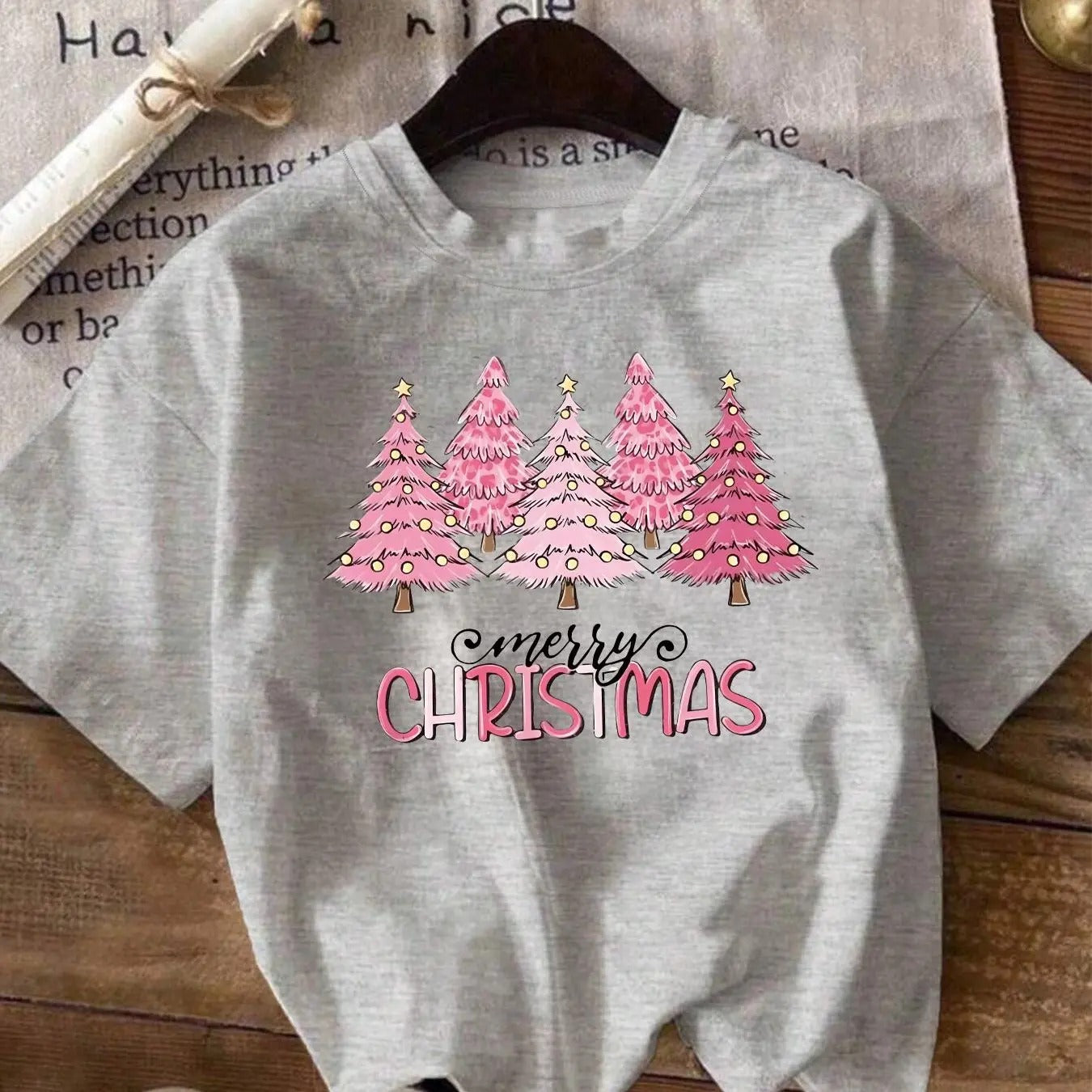 Women's Christmas Tree & Letter Print Round Neck Tee, Casual Drop Shoulder Short Sleeve T-shirt for Summer, Ladies...