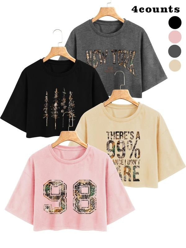 Women's Christmas Tree & Letter Print Round Neck Tee, Casual Half Sleeve T-shirt for Daily Wear, Ladies Clothes for All...