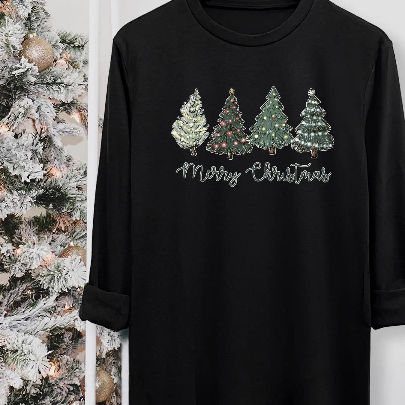 Women's Christmas Tree & Letter Print Round Neck Tee, Casual Long Sleeve Crew Neck T-shirt for Fall & Winter, Women's Top...