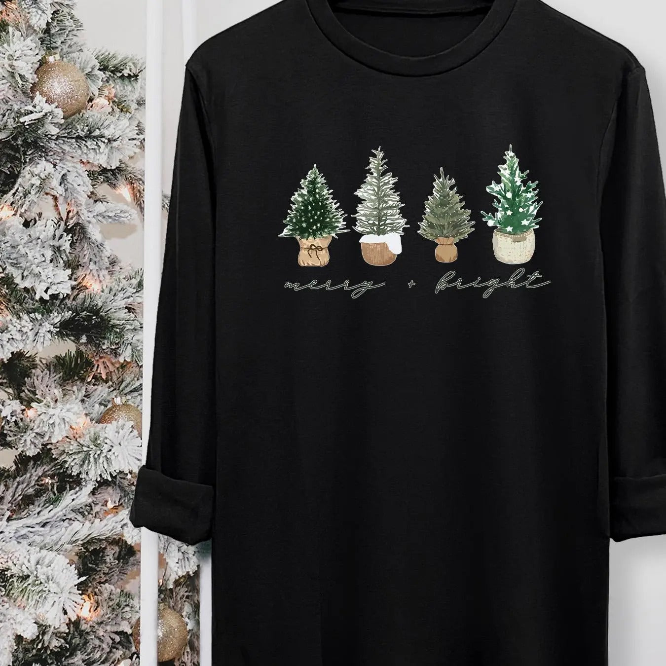 Women's Christmas Tree & Letter Print Round Neck Tee, Casual Long Sleeve Crew Neck T-shirt for Fall & Winter, Women's Top...