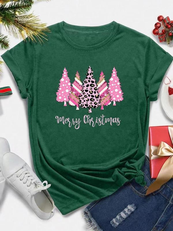 Women's Christmas Tree & Letter Print Round Neck Tee, Casual Short Sleeve Crew Neck T-Shirt for All Seasons, Fashion...