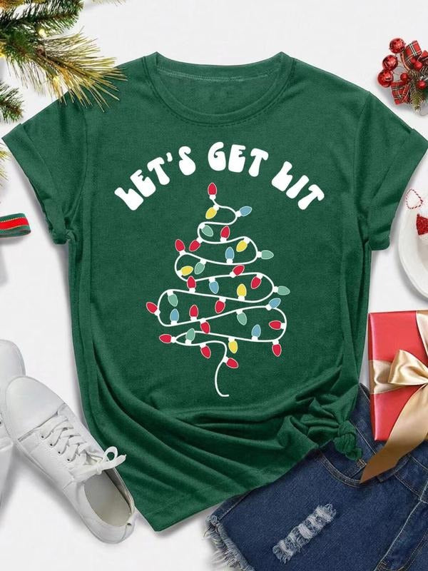 Women's Christmas Tree & Letter Print Round Neck Tee, Casual Short Sleeve Crew Neck T-Shirt for All Seasons, Fashion...