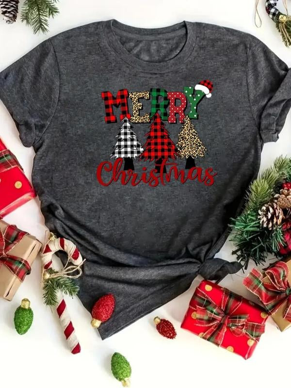 Women's Christmas Tree & Letter Print Round Neck Tee, Casual Short Sleeve Crew Neck T-shirt for Daily Holiday Vacation...