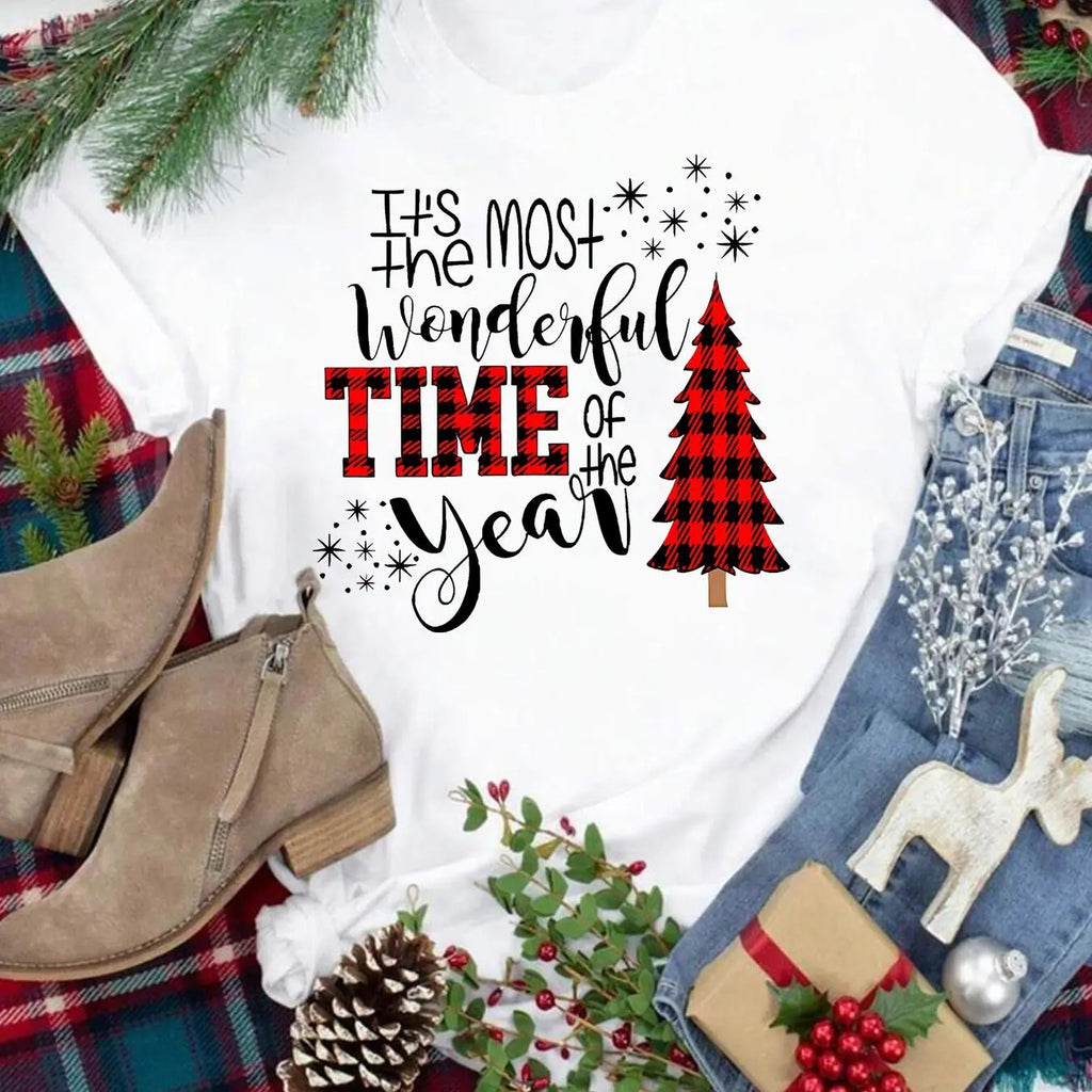 Women's Christmas Tree & Letter Print Round Neck Tee, Fashion Casual Short Sleeve T-shirt for Fall & Winter, Women's Top...