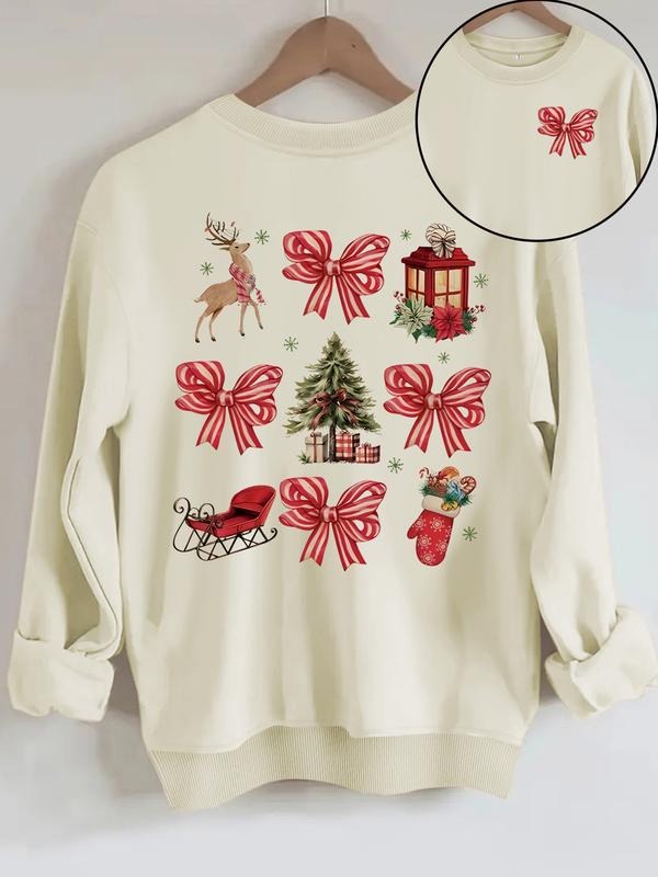 Women's Christmas Tree Bow Reindeer Sweatshirt, Casual Polyester Pullover, Round Neck, Long Sleeve, Holiday Design, Knit...