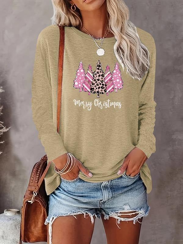 Women's Christmas Tree Print Long Sleeve Casual Fitted T-Shirt, Comfortable Fabric, Available in 10 Colors, All Seasons...