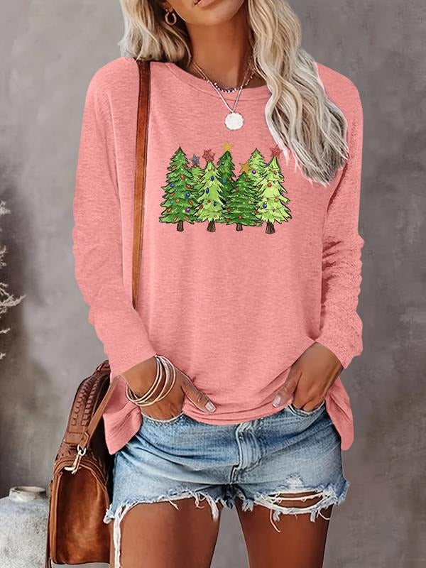 Women's Christmas Tree Print Long Sleeve Fitted Casual T-Shirt, Comfortable Fabric, Available in 10 Colors, All Seasons...