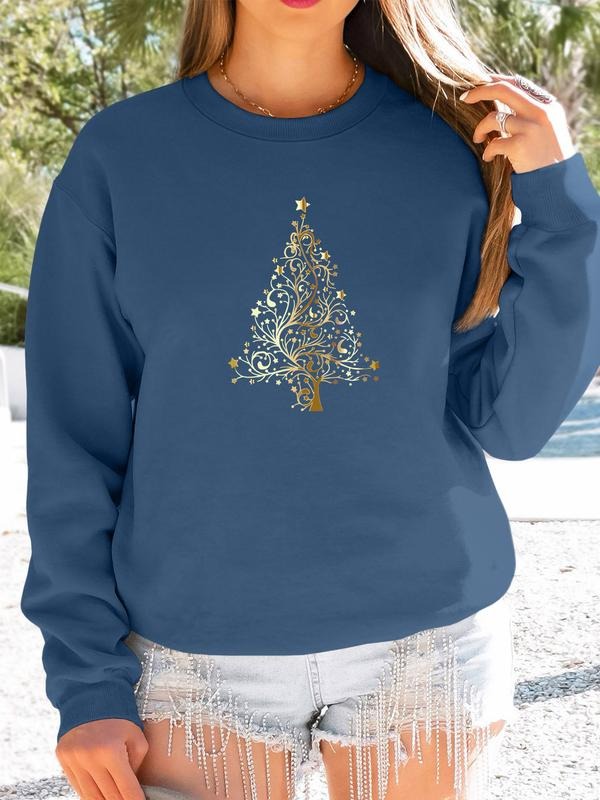 Women's Christmas Tree Print Long Sleeve Round Neck Pullover Sweatshirt, Casual Fitted Animal Pattern Top for Spring &...