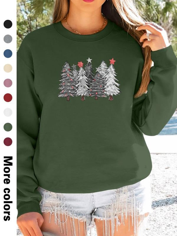 Women's Christmas Tree Print Long Sleeve Round Neck Pullover Sweatshirt, Casual Fitted Design, Available in 9 Colors...