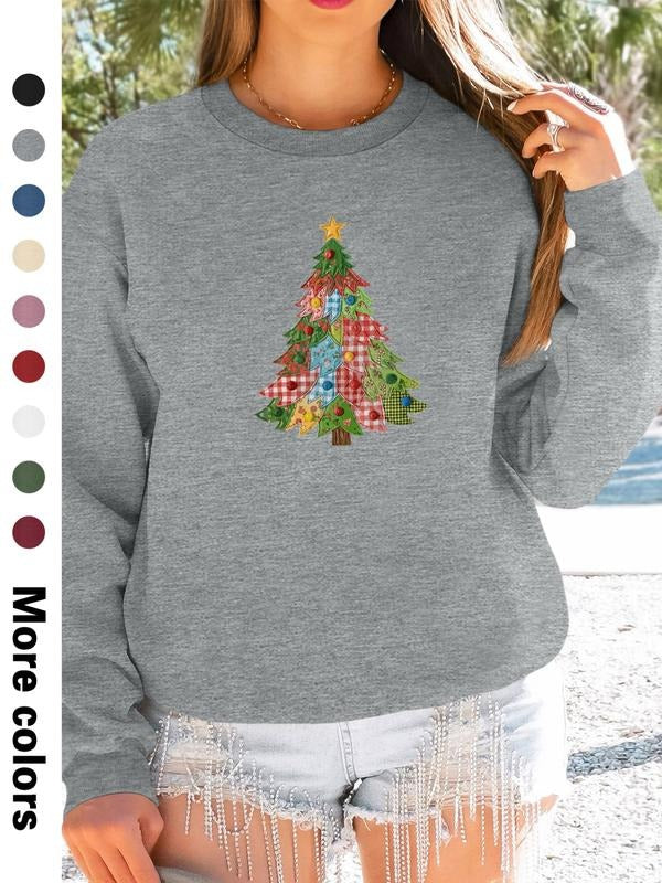 Women's Christmas Tree Print Long Sleeve Round Neck Pullover Sweatshirt, Casual Fitted Design, Available in 9 Colors...