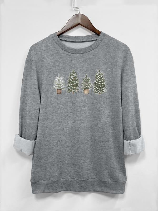 Women's Christmas Tree Print Long Sleeve Round Neck Pullover Sweatshirt, Casual Fitted H-Type Design, Available in 7...