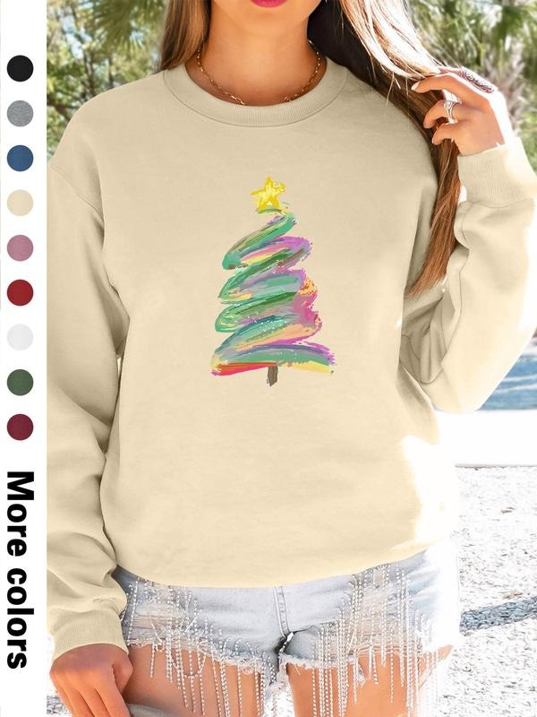 Women's Christmas Tree Print Long Sleeve Round Neck Pullover Sweatshirt, Casual Fitted Knit Top for Fall & Winter, 9...