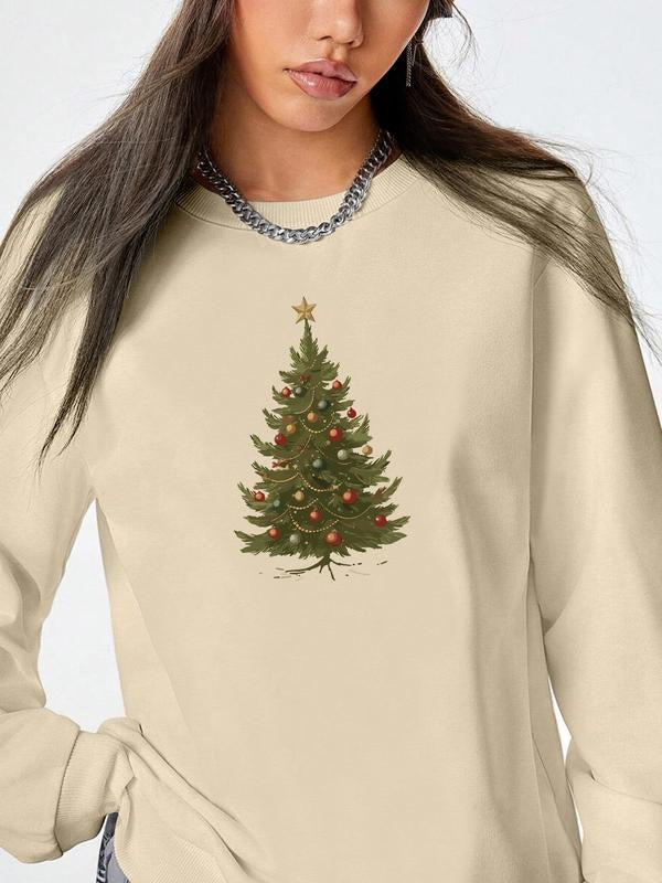 Women's Christmas Tree Print Long Sleeve Round Neck Pullover Sweatshirt, Casual Fitted Top for Fall & Winter, 9 Colors...