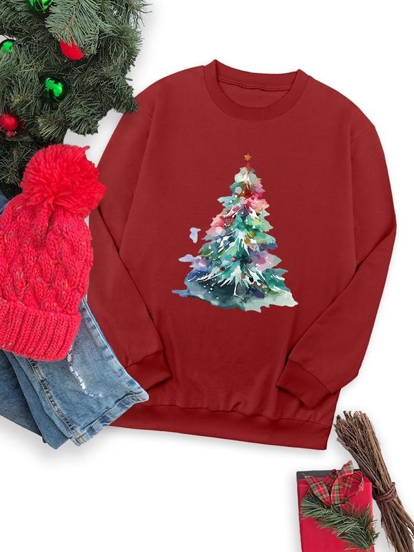 Women's Christmas Tree Print Round Neck Sweatshirt, Casual Long Sleeve Crew Neck Pullover for Fall & Winter, Women's...