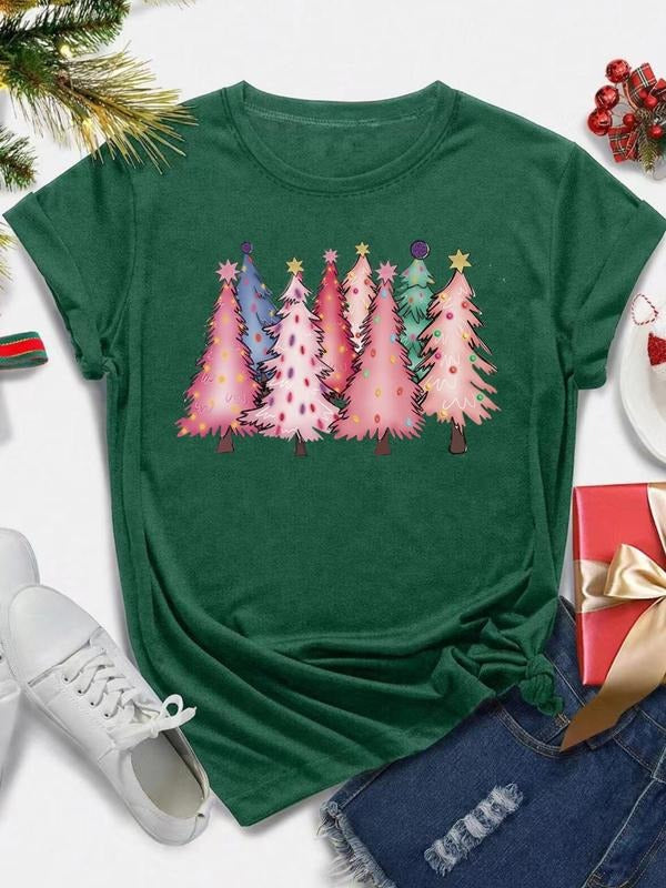 Women's Christmas Tree Print Round Neck Tee, Casual Short Sleeve Crew Neck T-Shirt for All Seasons, Fashion Women's Top...