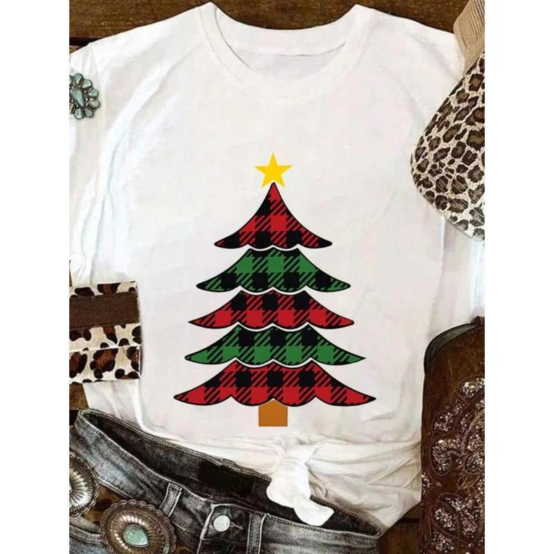 Women's Christmas Tree Print Round Neck Tee, Casual Short Sleeve Crew Neck T-Shirt for Holiday Vacation, Ladies Summer...