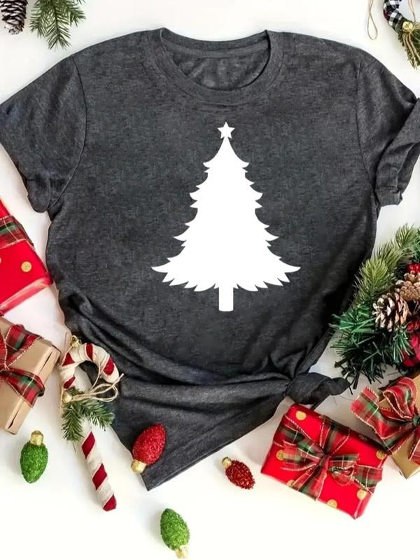 Women's Christmas Tree Print Round Neck Tee, Casual Short Sleeve Crew Neck T-Shirt for Summer, Fashion Women's Top for...