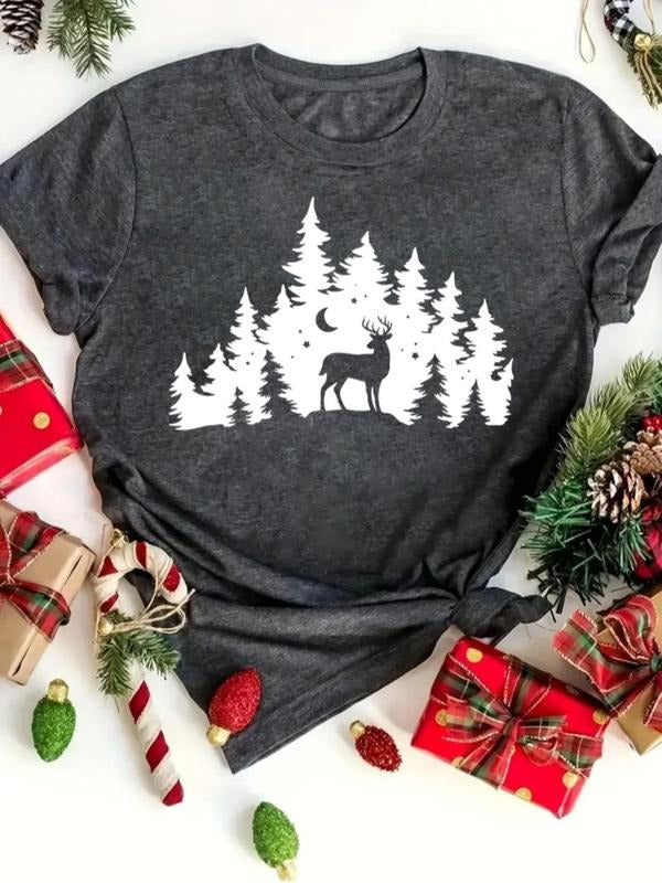 Women's Christmas Tree Print Round Neck Tee, Casual Short Sleeve Crew Neck T-shirt for Daily Holiday Vacation Outdoor...