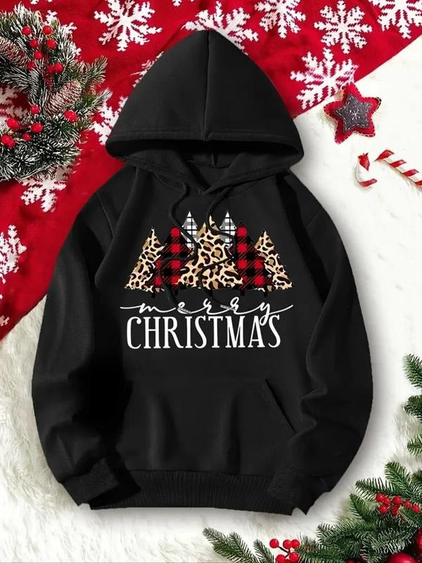 Women's Christmas Tree Print Thermal Lined Hoodie, Casual Long Sleeve Drawstring Hooded Sweatshirt for Fall & Winter,...